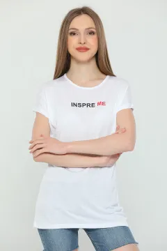 Kadın Likralı Bisiklet Yaka Baskılı T-shirt Beyaz