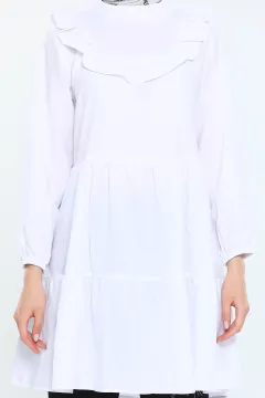 Kadın Modest Ön Arka Fırfırlı Eteği Katlı Salaş Tesettür Tunik Beyaz