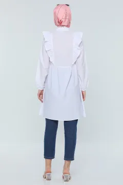 Kadın Modest Ön Arka Fırfırlı Kol Detaylı Tesettür Tunik Beyaz