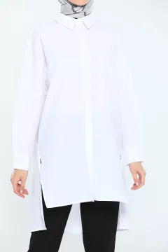 Kadın Modest Oversize Yan Yırtmaçlı Tesettür Gömlek Tunik Beyaz
