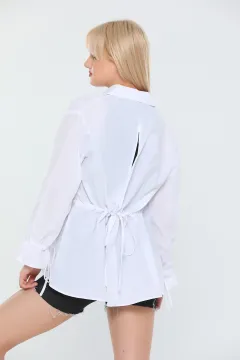 Kadın Oversize Kol Sırt Büzgülü Dekolteli Uzun Basic Gömlek Beyaz