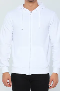 Erkek Kapüşonlu Fermuarlı Basic Sweatshirt Beyaz