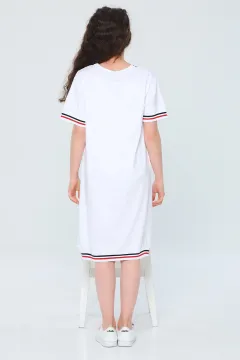 Kız Çocuk Likralı V Yaka Taş Baskılı Elbise Beyaz