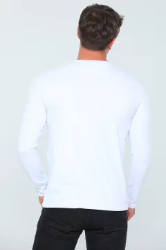 Erkek Likralı Bisiklet Yaka Uzun Kollu Basic Body Sweatshirt Beyaz