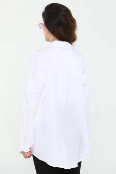 Kadın Oversize Uzun Kollu Renk Bloklu Gömlek Beyazfujya