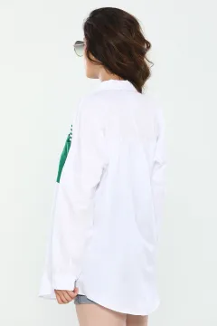 Kadın Oversize Uzun Kollu Renk Bloklu Gömlek Beyazyeşil