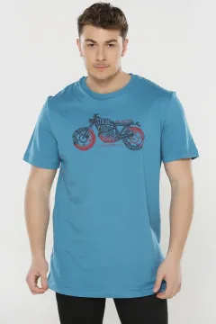 Bisiklet Yaka Baskılı Erkek T-shirt İndigo