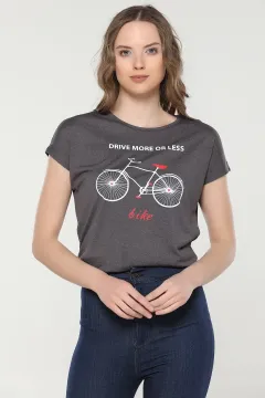 Bisiklet Yaka Baskılı T-shirt Antrasit