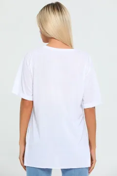 Kadın Likralı Bisiklet Yaka Yanları Yırtmaçlı T-shirt Beyaz