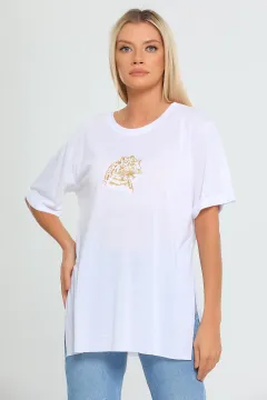 Kadın Likralı Bisiklet Yaka Yanları Yırtmaçlı T-shirt Beyaz
