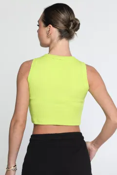 Bisiklet Yaka Kaşkorse Likralı Kadın Crop Top Bluz Neon Yeşil
