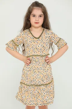 Kız Çocuk Likralı V Yaka Çiçek Desenli Elbise Bisküvi