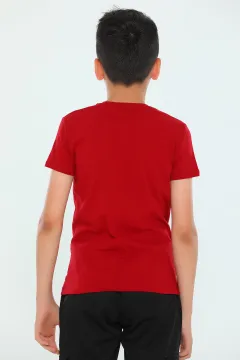 Erkek Çocuk Likralı Bisiklet Yaka Baskılı T-shirt Bordo