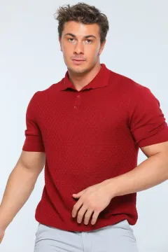 Erkek Likralı Polo Yaka Mevsimlik Triko T-shirt Bordo