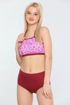 Kadın Likralı Yüksek Bel Halter Yaka Boyundan Bağlamalı Desenli Pedli Bikini Takım Bordo