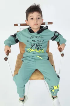 Erkek Çocuk Kapüşonlu Baskılı Ekose Desenli İkili Takım Çağla