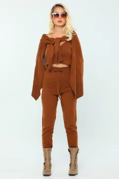 Kadın Likralı Pantolon Hırka Bluz Kombinli Üçlü Triko Takım Camel