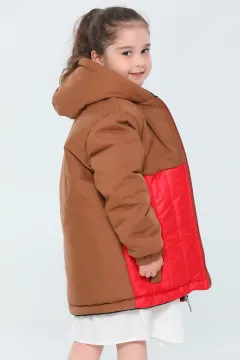 Kapüşonlu Fermuarlı Renk Bloklu Kız Çocuk Mont Camelkırmızı