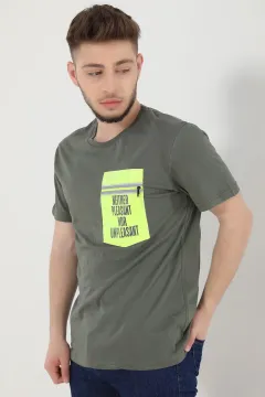 Cep Baskılı Erkek T-shirt Haki