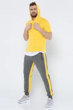 Cep Fermuarlı Şeritli Erkek Eşofman Altı Gri Sarı