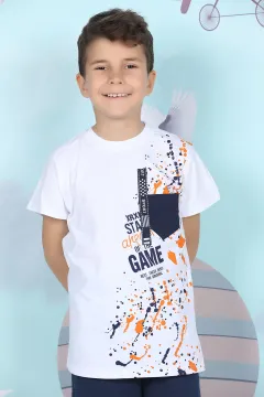 Cepli Şerit Detaylı Erkek Çocuk T-shirt Beyaz