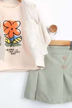 Çiçek Baskılı Kız Çocuk Tişört Ceket Şort Etek Üçlü Takım Taş