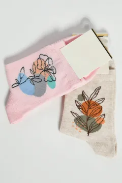 Çiçek Baskılı Renkli Kadın İkili Uzun Çorap Krempudra