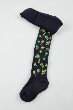 Çiçek Desenli Likralı Kız Çocuk Külotlu Çorap Lacivert
