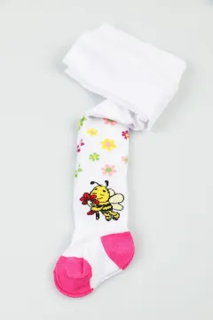 Çiçek Ve Hayvan Desenli Likralı Kız Çocuk Külotlu Çorap Beyaz