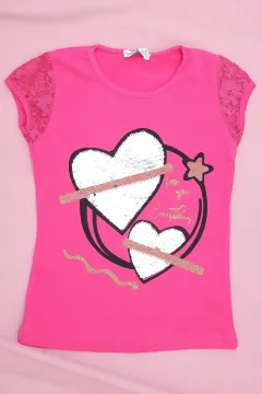 Çift Kalp Payetli Kız Çocuk T-shirt Fuşya