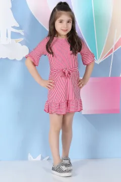 Çizgili Gül Nakışlı Kız Çocuk Elbise Fuşya