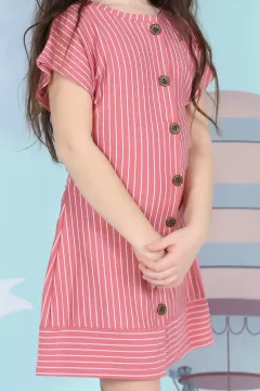 Çizgili Kız Çocuk Elbise Gülkurusu
