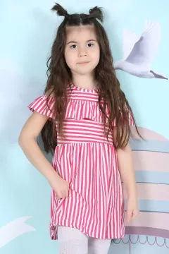 Çizgili Üst Kısım Fırfırlı Kız Çocuk Elbise Fuşya
