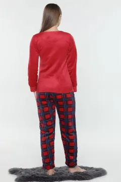 Baskılı Polar Pijama Takımı Bordo