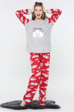 Desenli Polar Pijama Takımı Gri