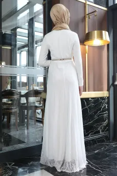 Kadın Modest Dantelli Balık Uzun Tesettür Abiye Elbise Beyaz