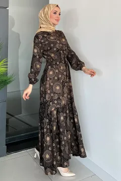 Desenli Bel Bağcıklı Viskon Tesettür Elbise Vizon