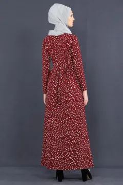 Desenli Bel Kuşaklı Elbise Bordo