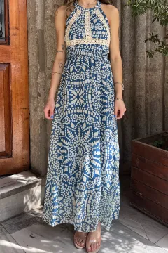 Desenli Bel Lastikli Bağcıklı Astarlı Şifon Elbise İndigo