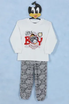 Desenli Erkek Çocuk Pijama Takımı Kremgri