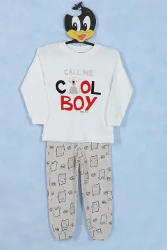 Desenli Erkek Çocuk Pijama Takımı Krem Taş