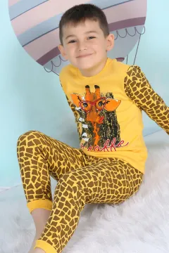 Desenli Erkek Çocuk Pijama Takımı Hardal