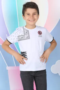 Desenli Erkek Çocuk T-shirt Beyaz
