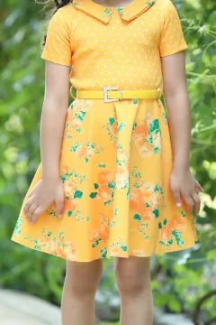 Desenli Kemerli Kız Çocuk Elbise Hardal