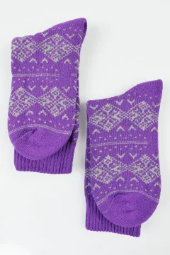 Desenli Kışlık Uzun Termal Havlu Çorap Kadın Mor