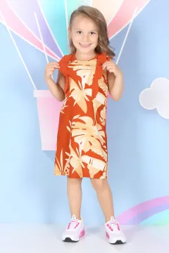 Kız Çocuk Desenli Elbise Kiremit