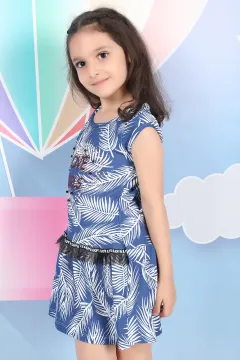 Desenli Kız Çocuk Elbise İndigo