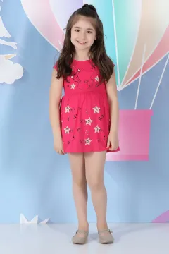 Desenli Kız Çocuk Elbise Fuşya