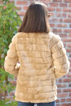 Dik Yaka Peluş Kürklü Kadın Ceket Bej
