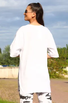 Duble Kol Baskılı T-shirt Beyaz